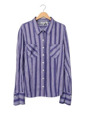 Chicos Womens Silk Linen Button Up Stripped Top XL Mature Office Career Business